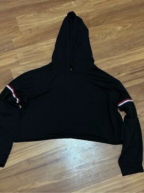 Black Cropped Hoodie with Red & White Sleeve Stripes